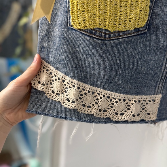 E Denim Mini Skirt Upcycled antique Lace Embellishments but EKA Erika Kelly - Picture 8 of 8
